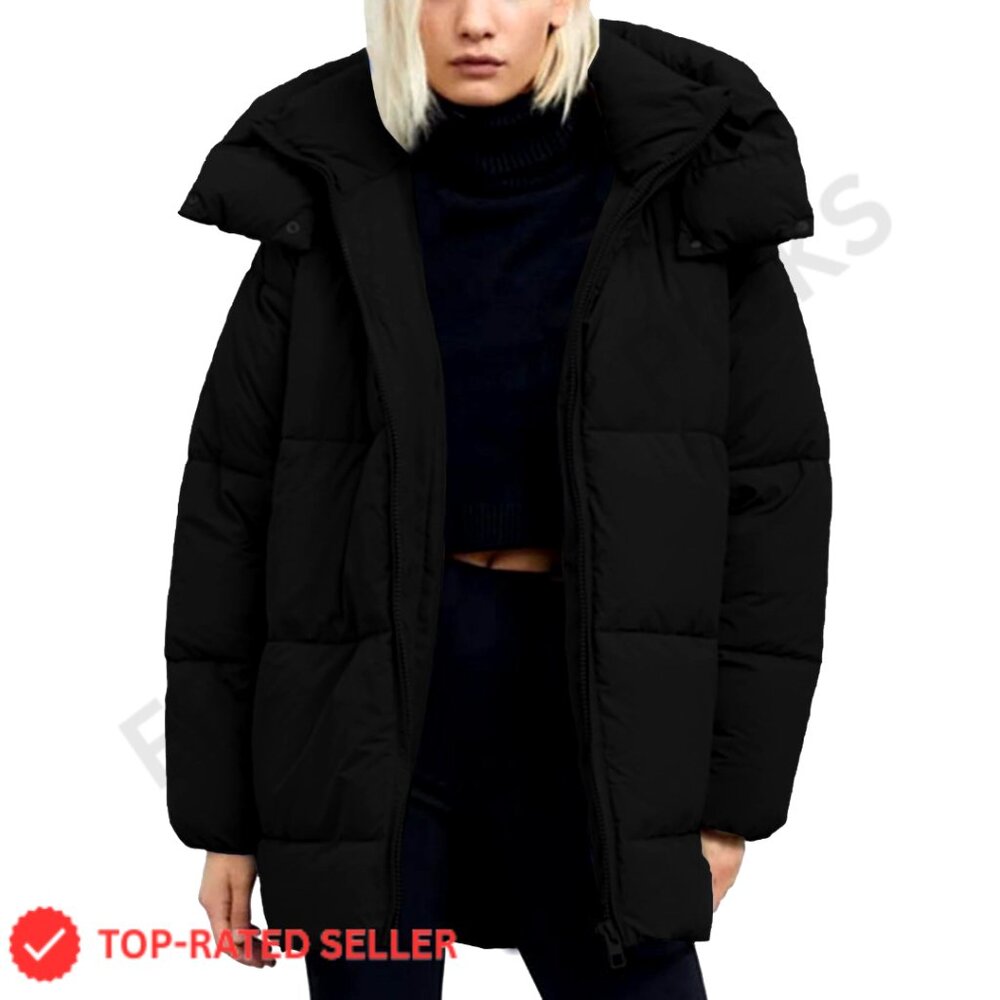 Hooded Quilted Puffer Jacket Mid-Length Padded Warm Winter Heavyweight Coat